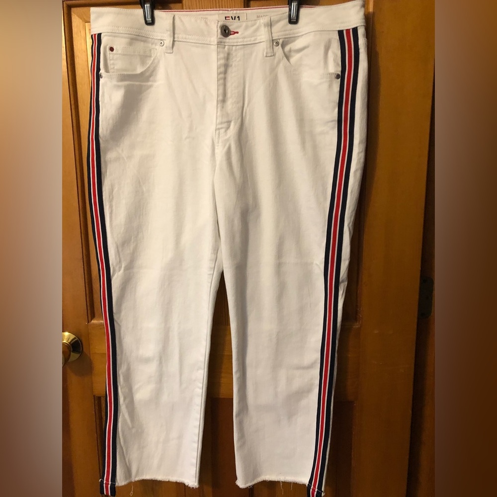 White EV1 ,Capri jeans with red and blue stripes on sides! Never worn, like new!